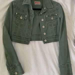 Army green colored cropped denim jacket